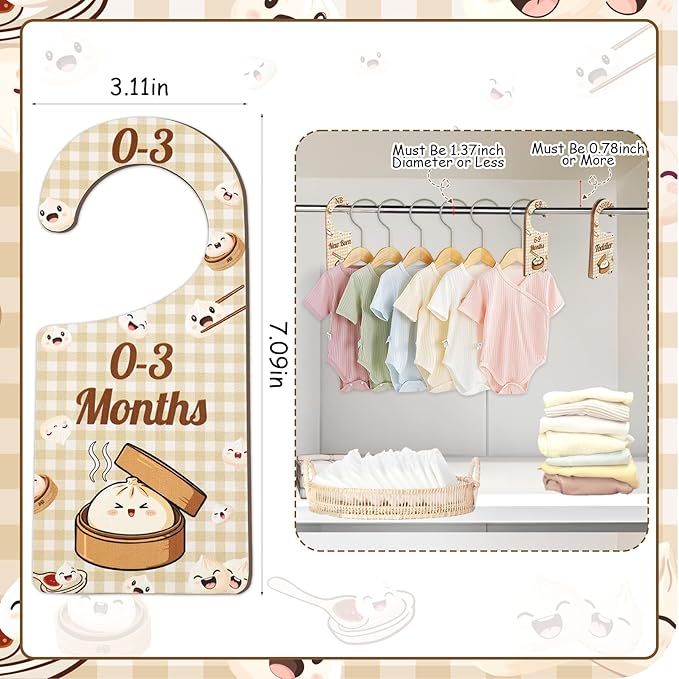 Baby Closet Dividers 8PCS, Cute Dumpling Themed Wooden Double-Sided Clothes Size Hanger/Organizer from Newborn to Toddler for Nursery Decor Baby Shower Birthday Gender Reveal Party Gift