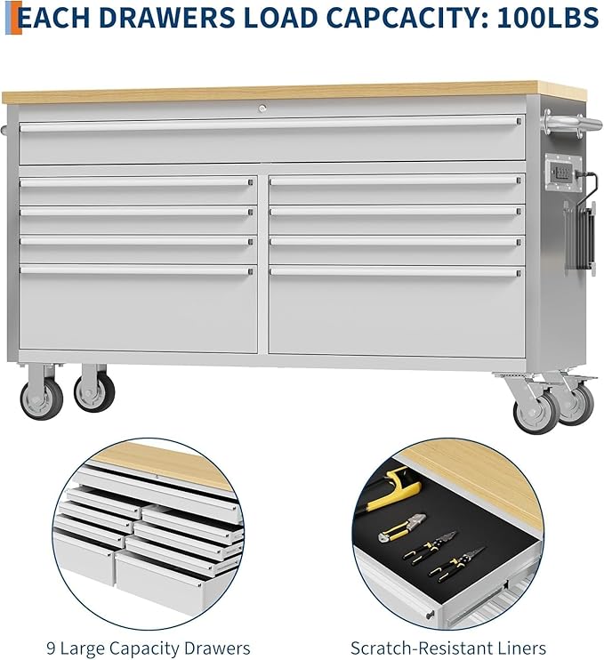 61" Rolling Tool Chest with 9 Drawers, Solid Rubber Wood Workbench Top, Locking Wheels & Key Lock, Mobile Garage Tool Cabinet for Workshop Storage & Organization