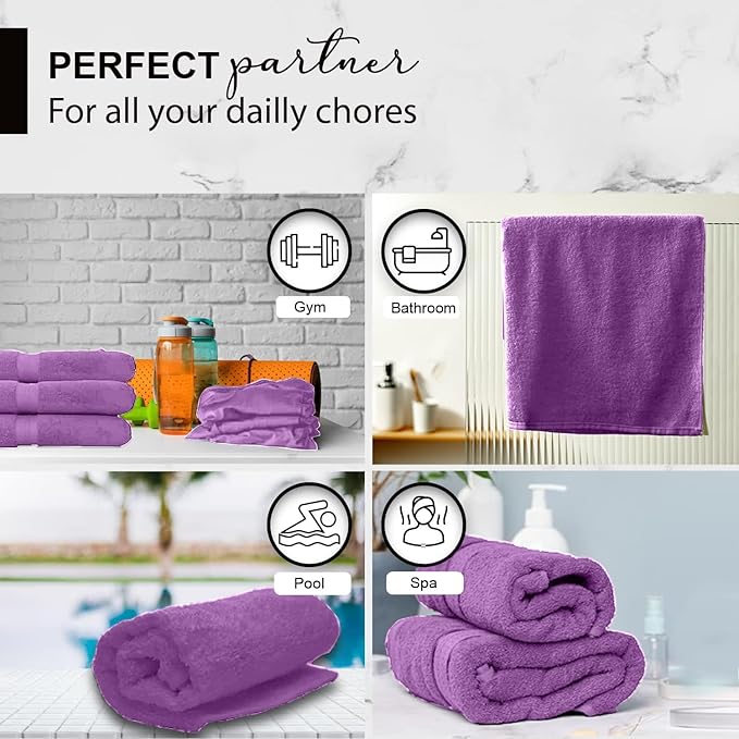 100% Cotton Bath Towels, 24x48 Pack of 6 Towels, Quick Dry, Highly Absorbent, Soft Feel Towel, Gym, Spa, Bathroom, Shower, Pool, Luxury Soft Towels (Light Purple, 24x48-6 Pack)