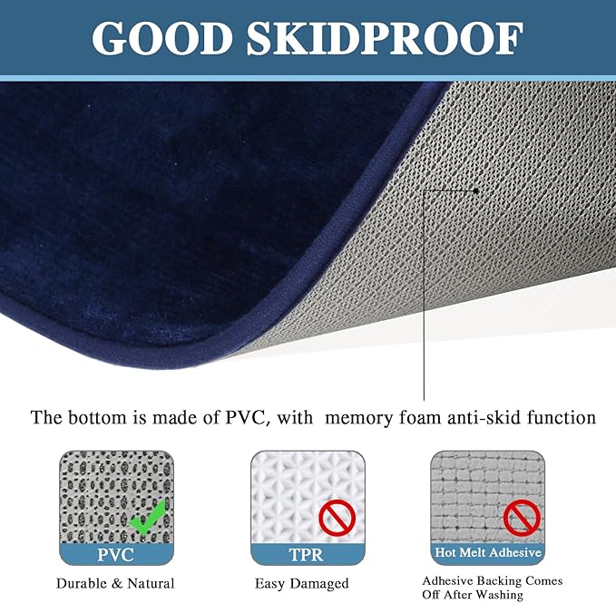 H.VERSAILTEX Kitchen Mat 2 PCS Non Slip Memory Foam Flannel Velvety Kitchen Runner Rugs Set - Water Absorbent Soft (47" x 17" + 24" x 17", Navy)