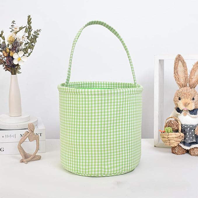 Plaid Easter Basket Stitch Easter Bag for Kids Colorful Cloth Baskets with Long Handle 9 Inch Spring Decorations (Green)