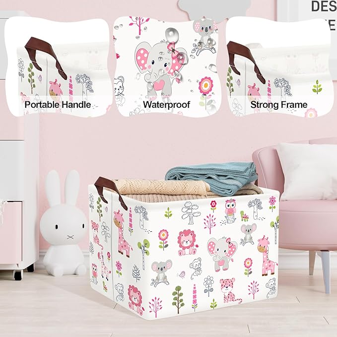 Clastyle Cute Forest Animal Laundry Basket Elephant Lion Kids Clothes Book Storage Basket Gift Toy Box for Bedroom Decor,Pink,40x30x30 cm
