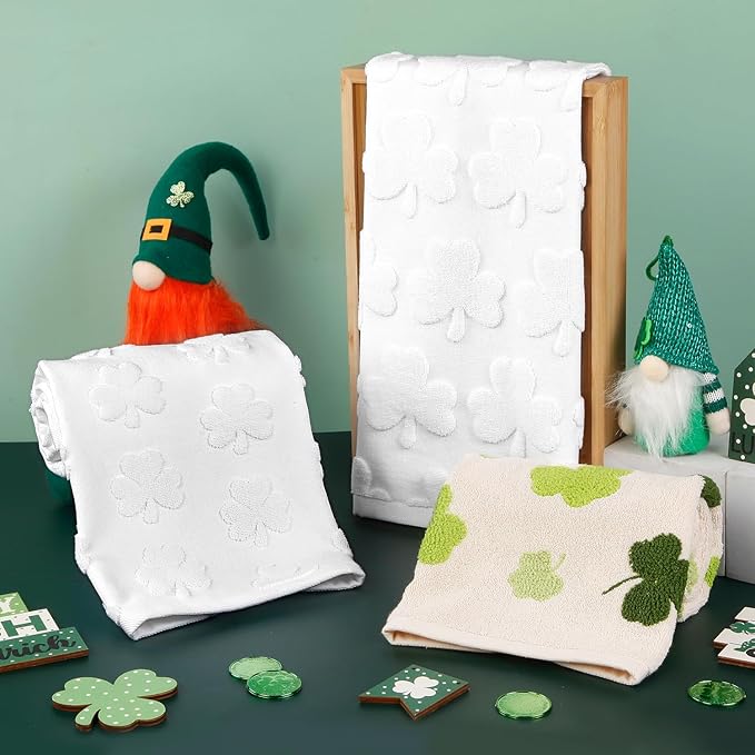 2 Pack St. Patrick's Day Hand Towels White Shamrock Clover Soft 100% Cotton Absorbent Decorative Bathroom Towels Set for Kitchen Bath Workout Hand Face Hair, 13.7'' x 29.5''
