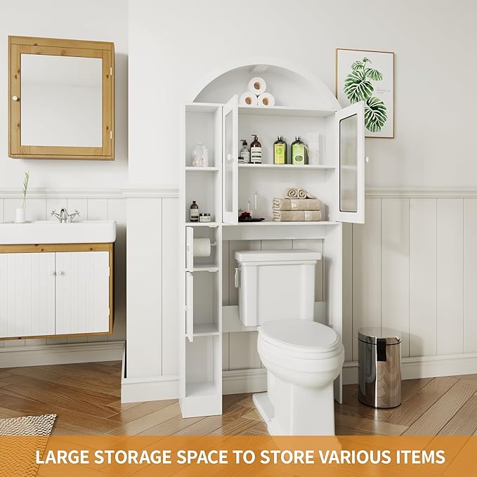 Over The Toilet Storage Cabinet, Bathroom Shelf Over Toilet, Bathroom Organizer and Storage Cabinet,Over Toilet Bathroom Organizer with 2 Doors, Paper Holder and Racks, Bathroom Decor (White-02)