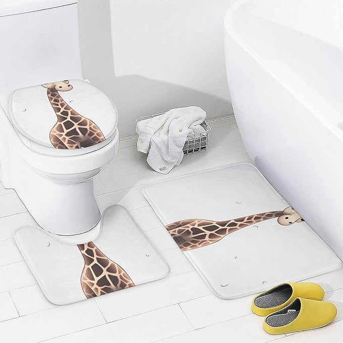 4 Piece Bathroom Rug Set with Shower Curtain, Non-Slip Bath Mat Toilet Cover Set, Cute Giraffe Bathroom Rug Sets