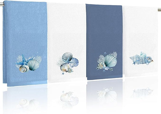 4 Pcs Ocean Hand Towels for Bathroom Shells Hand Towels Blue Embroidered Towel Coastal Bath Towel Decorative Set Bathroom Decor Bath Shower Farmhouse Decor Housewarming Gift Shell Home Essentials