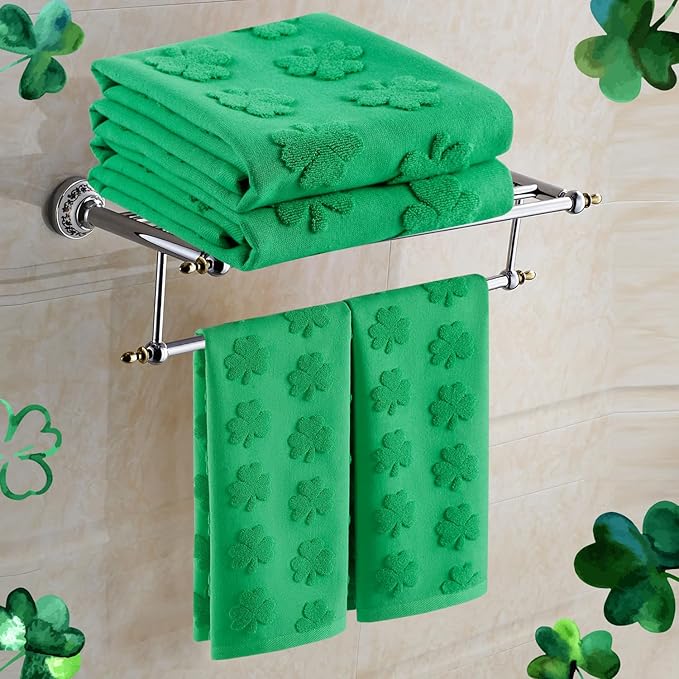 2 Pack St. Patrick's Day Hand Towels Spring Green Clover Shamrocks 100% Cotton Soft Absorbent Decorative Bathroom Towels Set for Bath Kitchen Bar Gift, 13.7'' x 29.5''