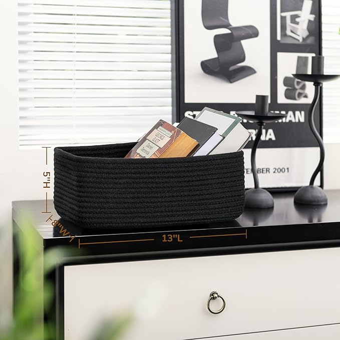 Goodpick Storage Baskets, Rope Shelf Basket Small Baskets for Gifts Empty Storage Baskets for Organizing Toy Baskets Storage Kids Storage Bins Woven Baskets 3 Pack, Black, 13 x 8 x 5 in