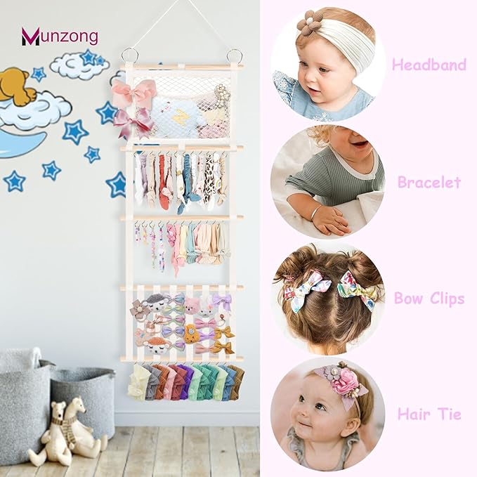 Munzong bow holder for girls hair bows 52x17 inch, Beige Hair Bow Clip Organizer for Baby Girls,Hair Accessories Storage Hanger for Toddler Kids Nursery Room Decor