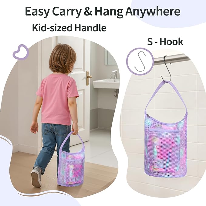 Kids Mesh Shower Caddy - Small Portable Toiletry Tote Bag for Camp Dorm Gym, Quick Dry Hanging Organizer with Zipper Pocket, Purple Mermaid