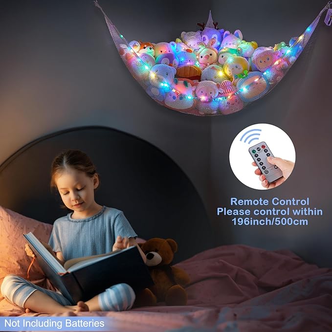Basumee Stuffed Animals Net or Hammock with LED Light Hanging Toy Net Hammock for Stuffed Animals Storage Stuff Animals Hammocks for Nursery Room with Remote Control, 8 Kinds of Lights(Pack of 1)