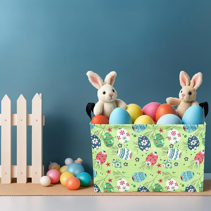 Kid Large Empty Easter Basket Personalized Fabric Easter Basket for Boy and Girl (Easter Egg Green Background)