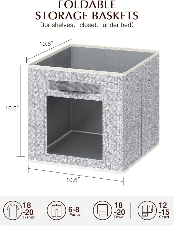 Foldable Storage Cubes - Square Organizer with Window, Decorative Baskets for Organizing, Fabric shelf Basket for Clothes, 11 Inch Closet Storage Cubes, Set of 12, Light Grey
