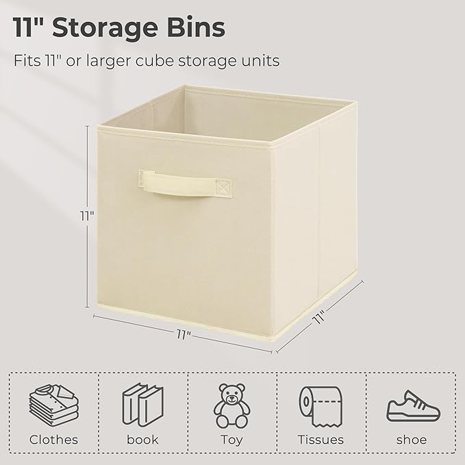 Easi 11 inch Cube Storage Bins, 10 Storage Cube Organizer, Collapsible Fabric storage cubes with Handles, Closet Storage Basket For Organization, Shelf Basket For Shelves Clothes Books, Beige