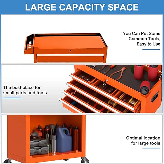 Tool Cabinet, Tool Chest with Wheels, Garage Tool Box, 5 Drawer Rolling Tool Chest and 2 Lockers, Detachable Storage Cabinet, for Garage Warehouse Workshop, Yellow