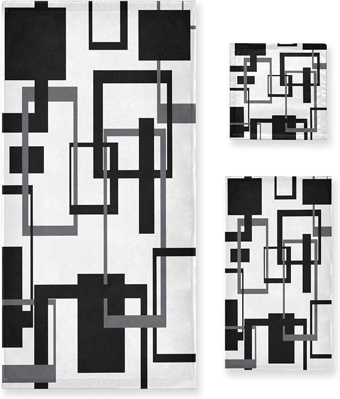 3 Piece Black White Geometric Bath Towels Set,Microfiber Absorbent Abstract Mid Century Gray Towels for Bathroom,1 Bath Towel,1 Hand Towel,1 Washcloth,Modern Decorative Bathroom Towels