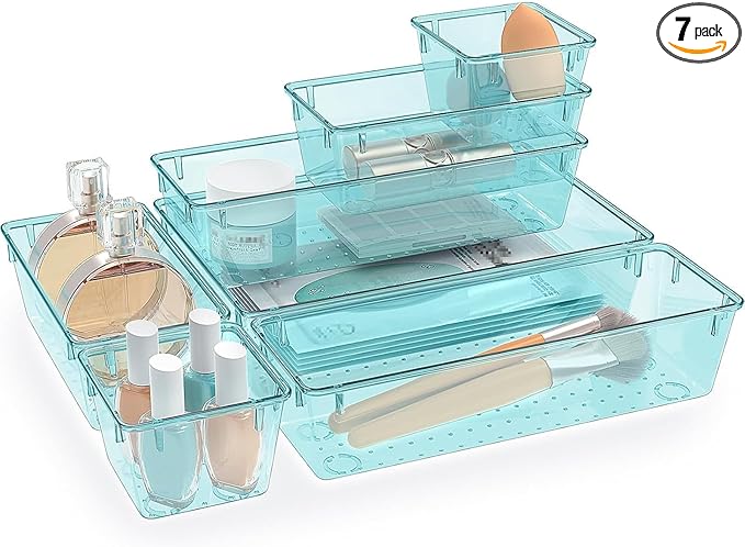 7 PCS Clear Plastic Drawer Organizers Set, 4 Size Desk Drawer Organizer Trays for Makeup, Jewelry, Kitchen Utensils, Gadgets and Office Accessories, Sea Blue