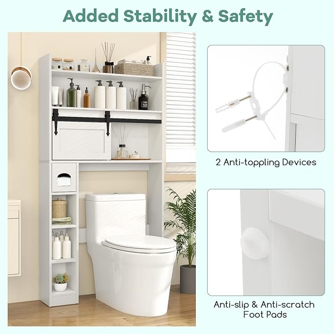 Tangkula Over The Toilet Storage Cabinet, Farmhouse Freestanding Above Toilet Rack w/Sliding Barn Door, Adjustable Shelves, Toilet Paper Holder, 2 Hooks, Bathroom Space Saver (Retro, White)