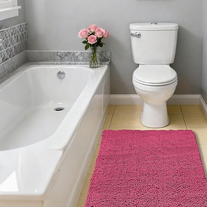 Hot Pink Bathroom Rugs 26"x44" - Thick Plush Chenille Non-Slip Bath Mat - Absorbent, Washable, Soft Decor for Sink, Shower, Tub, Kitchen, Vanity, Home Accessories