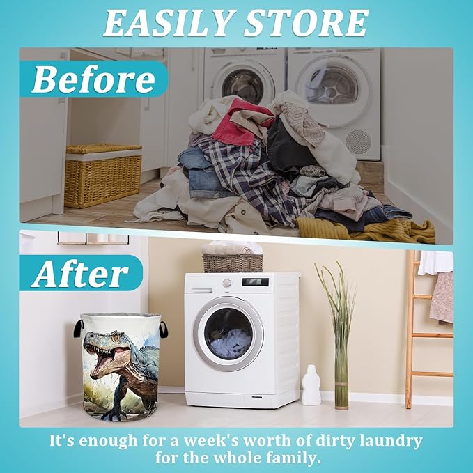 Dinosaur Laundry Basket, Foldable Waterproof Oxford Cloth Laundry Hamper Funny Tote Bag Dirty Clothes Storage Bucket Toy Organizer for Bathroom/Laundry/Bedroom 15.7"x19.6"