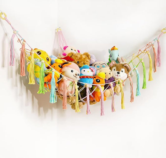 Stuffed Animals Hammock Corner Hanging Net with Wooden Beads Macrame Stuffed Animal Storage Ideas Plush Holder Toy Organizer for Boho Nursery Playroom Bedroom Kids Room Decor (Colorful, X-Large)