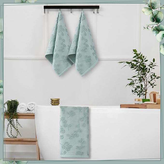2Pcs Eucalyptus Leaves Hand Towels for Bathroom 100% Cotton Jacquard Weave Bath Towel Set Absorbent Dish Washcloth for Bathroom Kitchen Summer Theme Gifts 13.8 x 29.5 Inch (Sage Green)