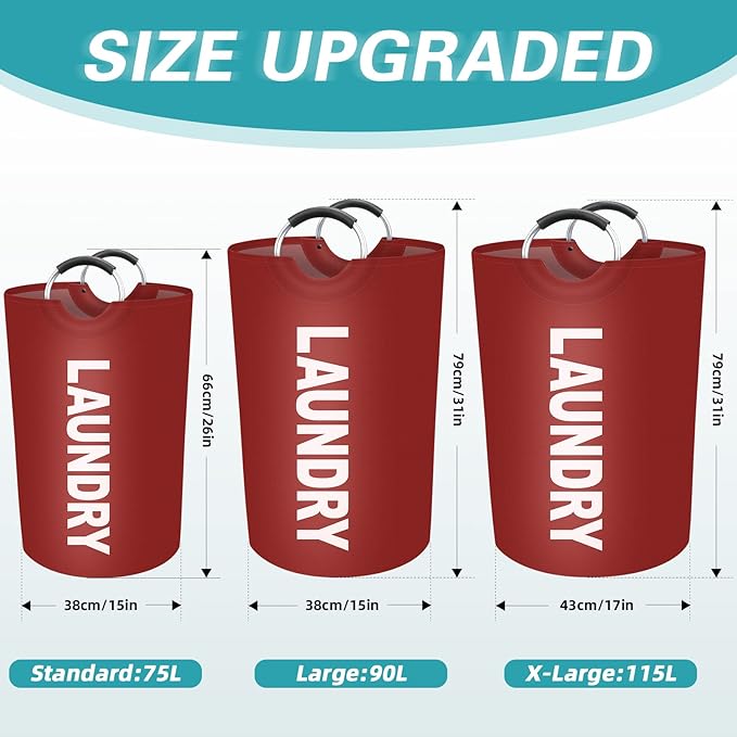 StorageRight 115L Large Laundry Basket, Laundry Hamper, Dirty Clothes Hamper for Laundry, Collapsible, Waterproof Laundry Baskets with Foam Protected Aluminum Handles for Laundry, Dorm, Family (Red)