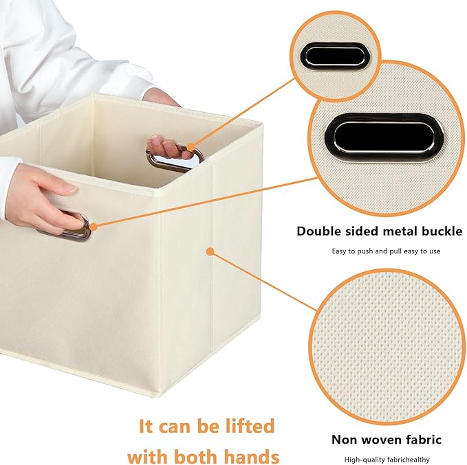 Yunkeeeper storage bins Cubes, Fabric Cube Organizer with Handle, Foldable Cube Bins for Cloth or Accessary Storage, 11x11x11, Set of 3, (Creamy White)