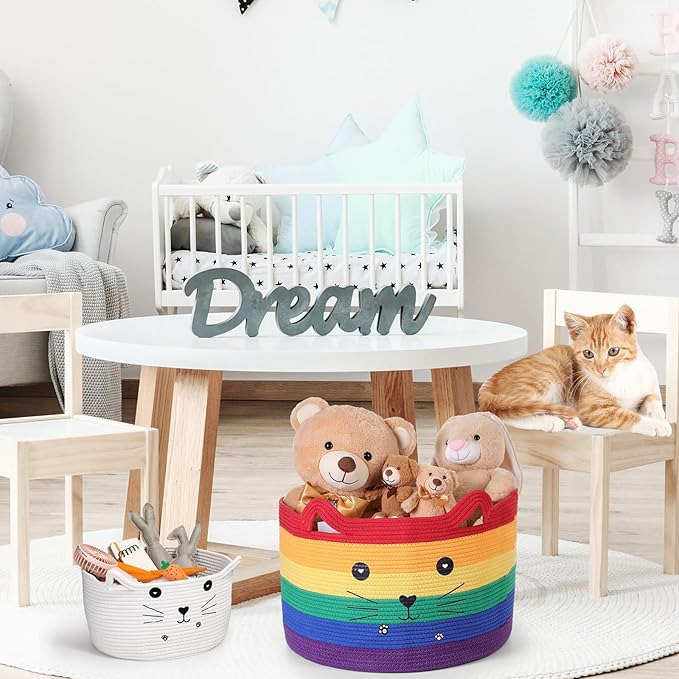 Zopeal Cat Basket Storage Woven Organizer with Ears Christmas Decorative Pet Toy Cute Cotton Rope Basket for Gift Cat Dog Toy Bin Nursery Room(21.7 x 13.8 Inch,Rainbow)