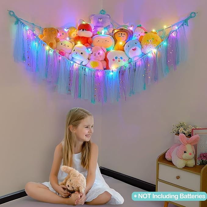 FIOBEE Stuffed Animals Net or Hammock with LED Light, Toy Hammock Hanging Stuffed Animals Storage Organizer Holder Room Décor for Nursery Kids Bedroom
