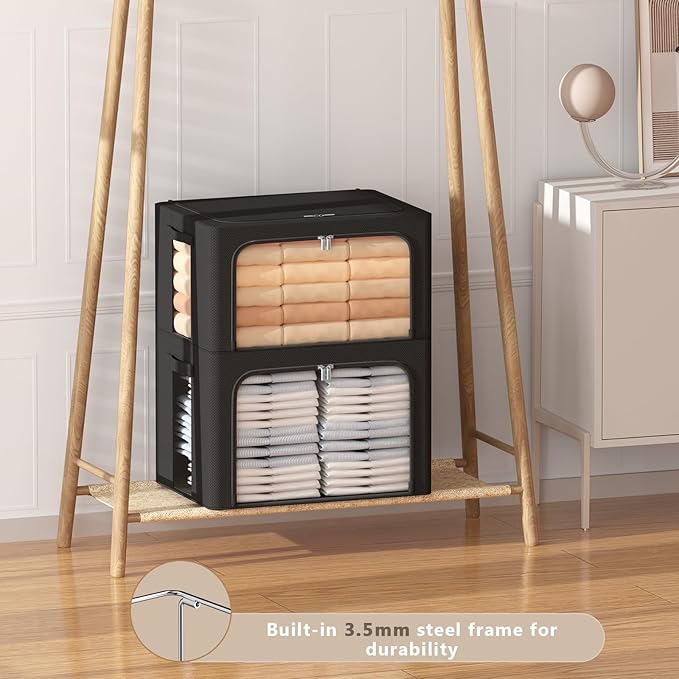 CYhom 3Pack Frame Storage Box - Clothes Storage Bin Bags Oxford Fabric Foldable Stackable Container Organizer Set with Clear Window & Carry Handles (Black, Small-22L)