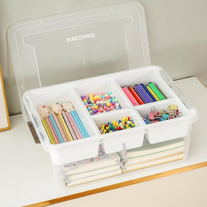 Plastic Storage Box with Removable Tray Craft Organizers and Storage Clear Storage Container for Organizing Bead, Tool, Sewing, Playdoh (White, 2Pack-17QT)