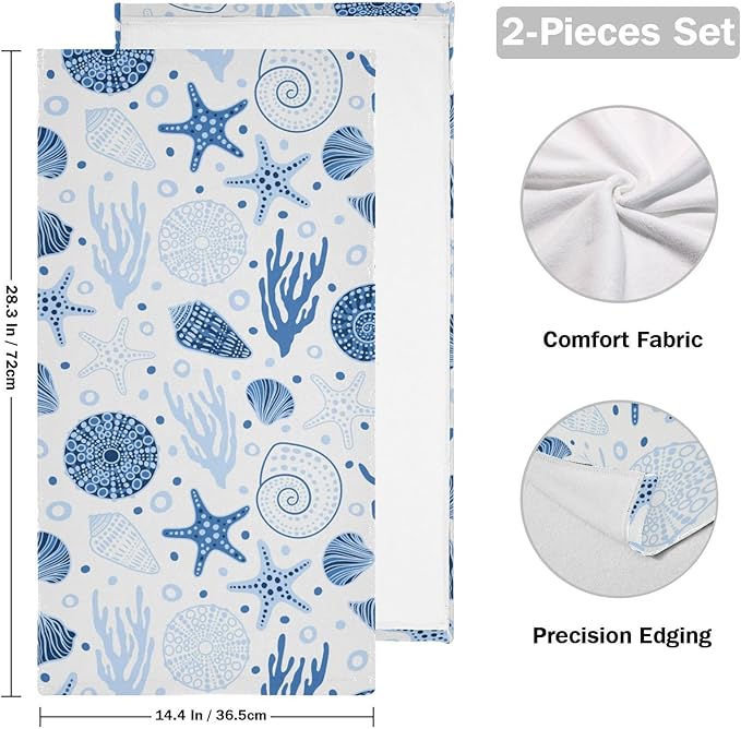 2 Pcs Blue Coastal Decorative Hand Towels for Bathroom,Soft Absorbent Summer Nautical Starfish Seashell Beach Dish Towels for Kitchen,Quick Dry Guest Bathroom Towels for Face,Shower 14"x28"