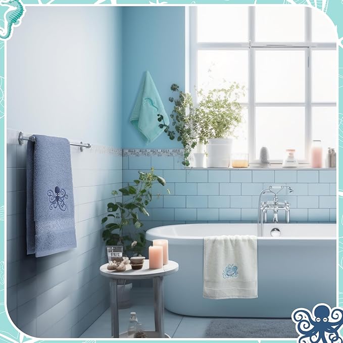 3 Pack Coastal Hand Towels for Bathroom 100% Cotton Embroidered Bathroom Towels 13.78 x 29.53 Inch Beach Hand Towels Soft Absorbent Cotton Towel (White, Blue Gray, Teal Aqua,Sea)