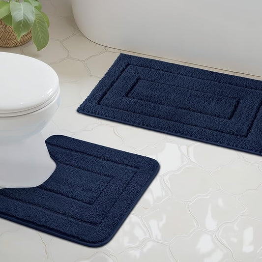 GRANNY SAYS Bathroom Rugs Sets 2 Piece, Soft Absorbent Microfiber Bath Mats for Bathroom Non Slip Washable, U-Shaped Toilet Bath Rugs for Tub Shower (Blue, 20" x 32" + U Shaped 20" x 24")