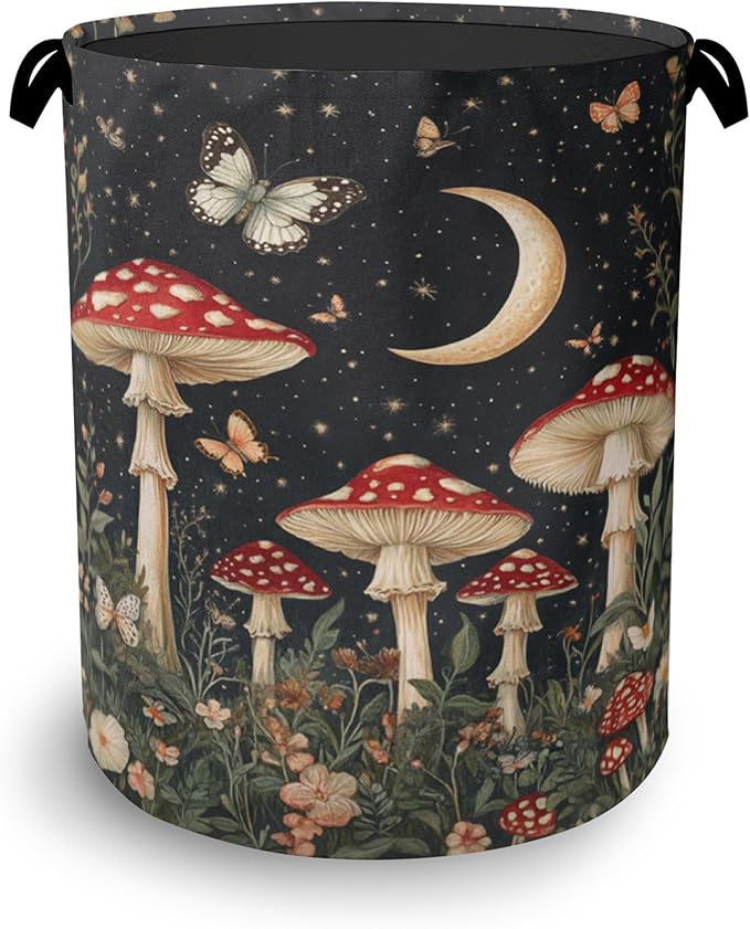 Mushroom Forest Plant Laundry Hamper,Butterfly Moon Dirty Clothes Laundry Basket with Handles Waterproof Oxford Cloth Storage Basket for College Dorms Bathroom Bedroom 16" x 20.8"
