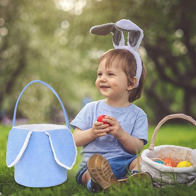 Easter Bunny Basket, Cute Easter Bucket Bags with Rabbit Ears for Easter Eggs Hunting, Plush Easter Bunny Basket, Easter Tote Bags for Candy Storage Decorations (Blue)