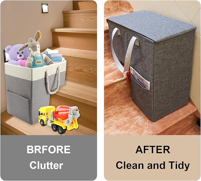 Stair Basket for Stairs with Lid 16.5" x 10.5" x 16", Collapsible Staircase Basket with Handle, Large Capacity Step Storage Basket, Stair Storage Basket for Carpet or Wood Stairs