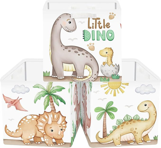 Clastyle Dinosaurs Storage Cube Organizer Set Plants Closet Clothes Cube with Metal Frame Foldable Parents Organizer Storage Basket for Book Toy,Brown,11.8x11.8x11.8 in