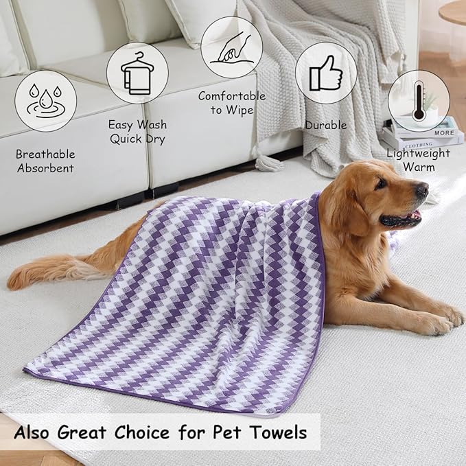 12 Pcs Purple White Diamond Towel Set-4 Bath Towels,4 Hand Towels,4 Washcloths Soft Polyester Bath Sheet with Loop Absorbent Shower Towel Quick Dry Beach Chair Towel Family Towels for Bathroom Spa Gym