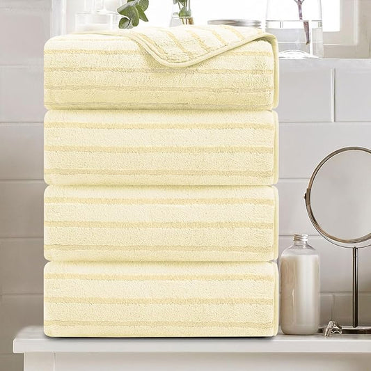 4 Pcs Light Yellow Cabana Stripe Large Bath Towels 35"x70" Oversized Bath Sheet Soft Breathable Jumbo Bathroom Towels Highly Absorbent Shower Towel Quick Dry Beach Chair Towel Spa Gym Hotel Towel Set