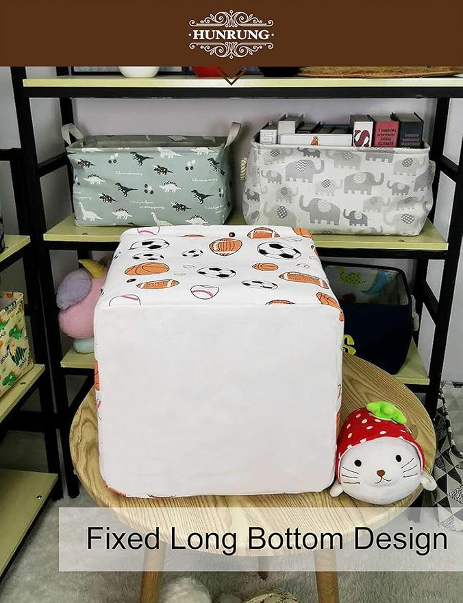 HUNRUNG Square Storage Bins Nursery Hamper Canvas Laundry Basket Foldable with Waterproof Nursery Boxes for Shelves/Gift Baskets/Toy Organizer/Office, Bedroom (Square-ball game)