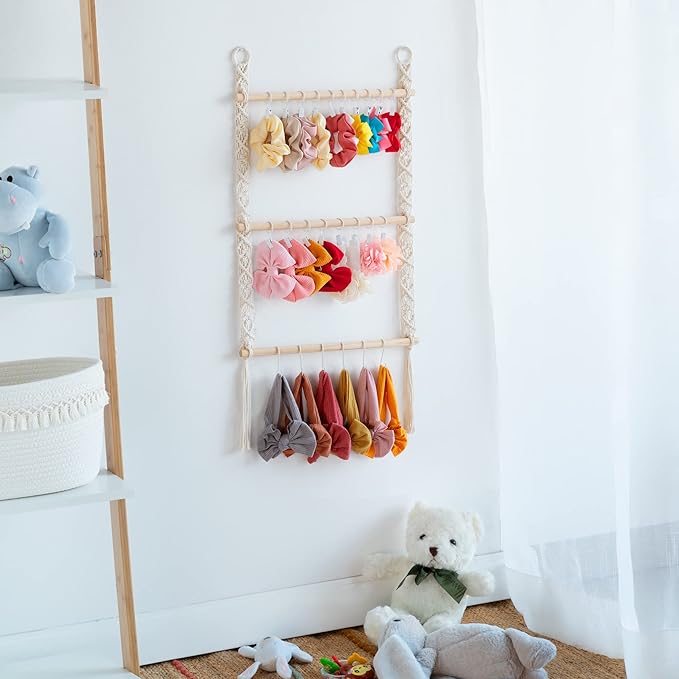 Dahey Hair Bows Organizer for Girls Headband Holder with 30 Hooks Wall Hanging Bow Holder Organizer Storage Hair Accessories Boho Nursery Decor for Baby Girls Room, 29.5"x15"