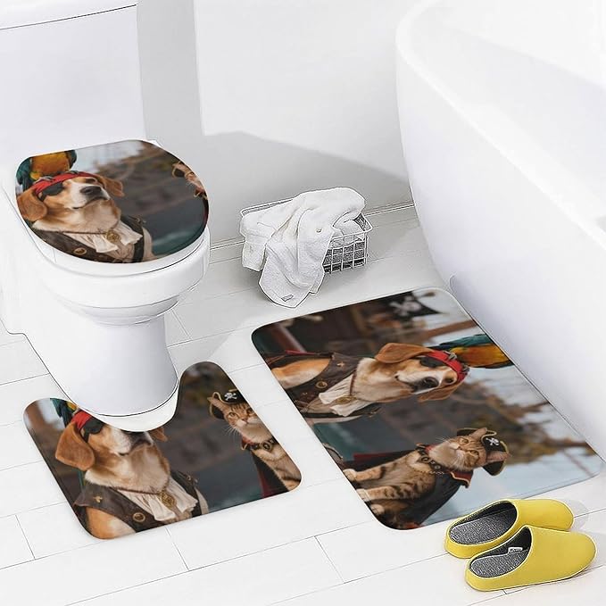 4 Piece Bathroom Rug Set with Shower Curtain, Non-Slip Bath Mat Toilet Cover Set, Dog and Cat Adventure Bathroom Rug Sets