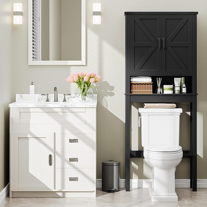 Over The Toilet Storage Cabinet, Farmhouse Over Toilet Bathroom Organizer with 2 Barn Doors, Narrow Above Toilet Storage Cabinet, Behind Toilet Bathroom Organizer, Black