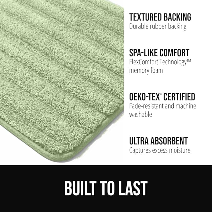 GORILLA GRIP Textured Backing Bathroom Rugs, Soft Memory Foam Absorbent Striped Bath Mats, Machine Washable & Fade Resistant, Bathmat Accessories for Floor, Home Decor Shower Essentials, Sage 40x24