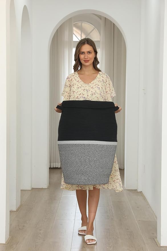 Handcrafted Tall Cotton Rope Basket with Lid, Stylish Flagon Shape with Cover, Clothes Hamper with Top, for Bedroom and Living Room (Two Sides Black/Black Mix, 26"x20")