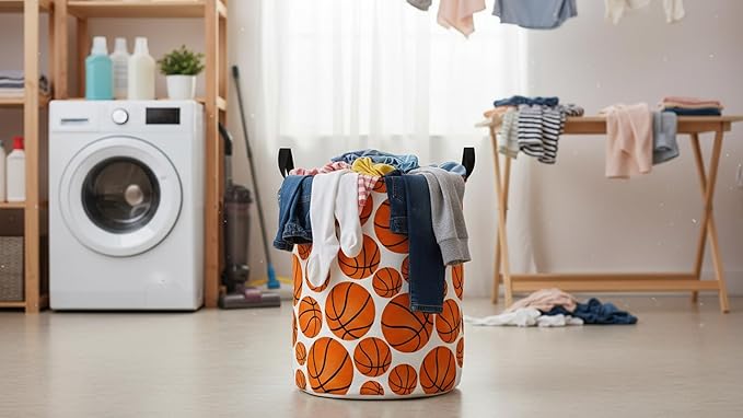 CLOCOR Round Collapsible Flat Storage Basket,Space-Saving Fabric Laundry Hamper for Clothes,Nursery Hamper,Gift Basket(Basketball)
