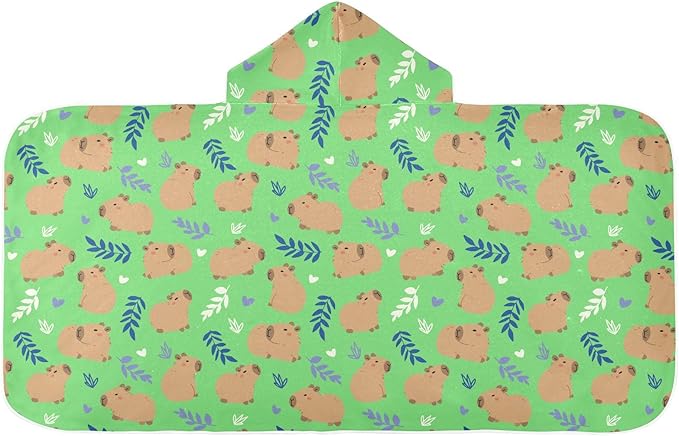 Green Cute Capybara Hooded Beach Towel for Kids, Kids Bath Hooded Towels for Boys Girls, Super Soft Absorbent Bathrobe with Hood for Swin Pool 50"x23.5"