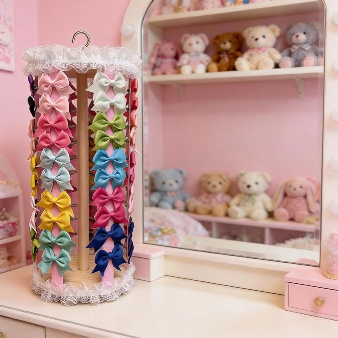 Bow Organizer for Girls, Solid Wood Hair Bow Holder with 360° Rotating Stand, Hair Clip & Hair Accessories Organizer for Baby Girls, Pink Nursery & Girls Room Decor